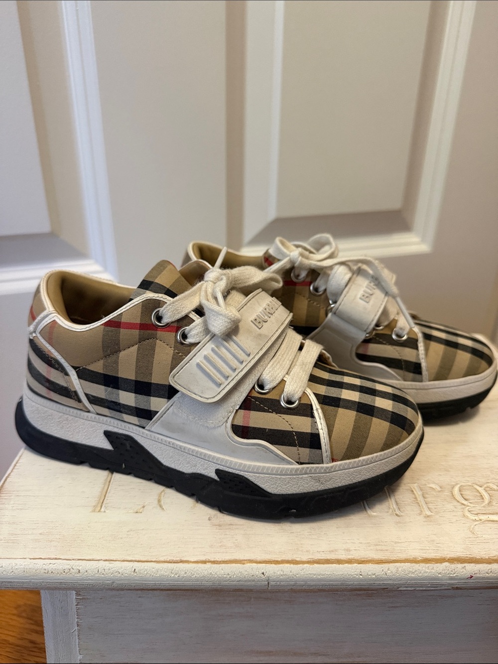 Burberry Beige Tartan Kids Lace & Strap Sneakers